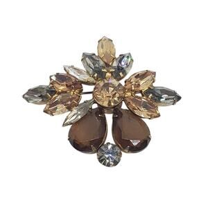 Vintage Rhinestone Brooch Topaz Citrine Brown Flower Fall Foul Open Back Swedge
